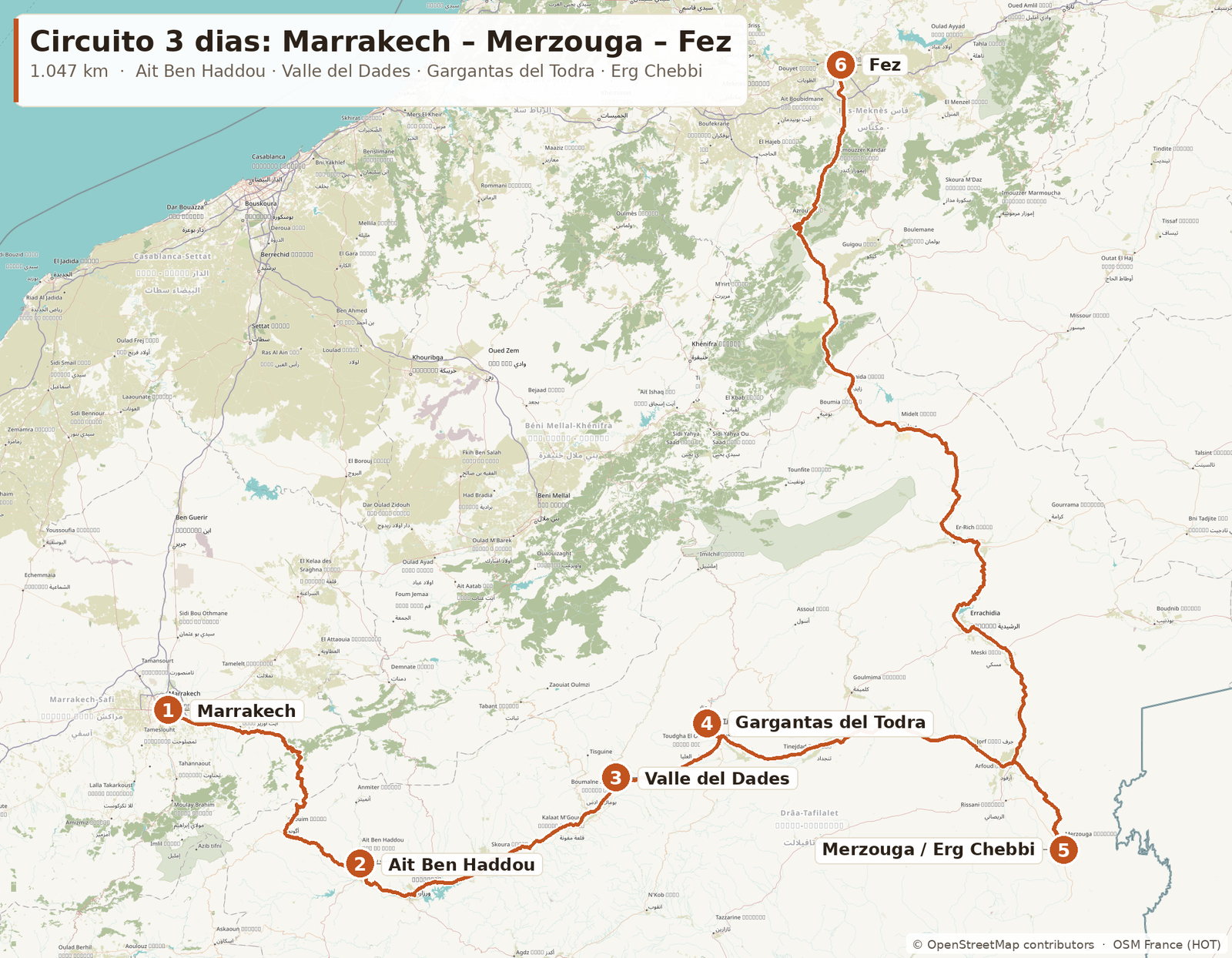 Mapa de la excursión al desierto de Merzouga desde Marrakech con fin en Fez: Ait Ben Haddou, Valle del Dades, Gargantas del Todra y Erg Chebbi